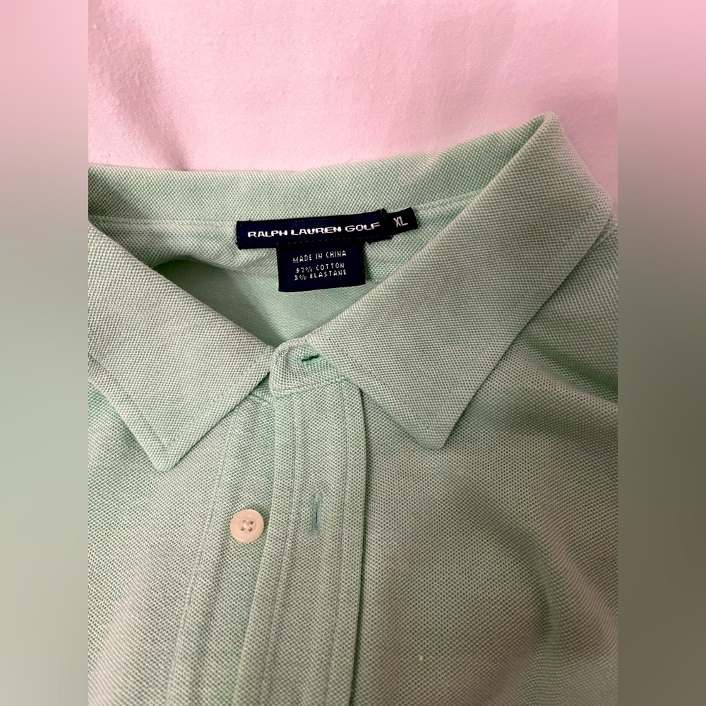 Mint green Ralph Lauren Golf Women’s polo shirt with “The Dye Preserve” on cuff
